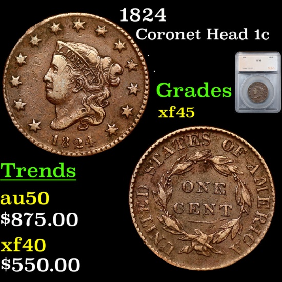 1824 Coronet Head Large Cent 1c Graded xf45 By SEGS