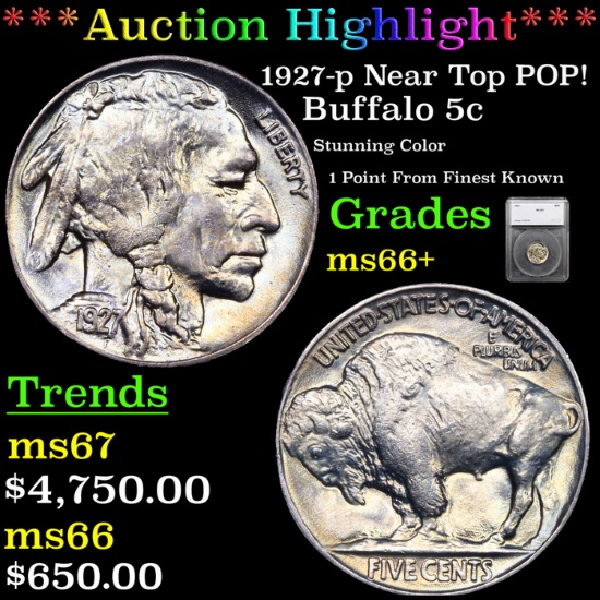 ***Auction Highlight*** 1927-p Buffalo Nickel Near Top POP! 5c Graded ms66+ By SEGS (fc)