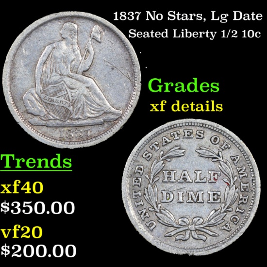 1837 No Stars, Lg Date Seated Liberty Half Dime 1/2 10c Grades xf details