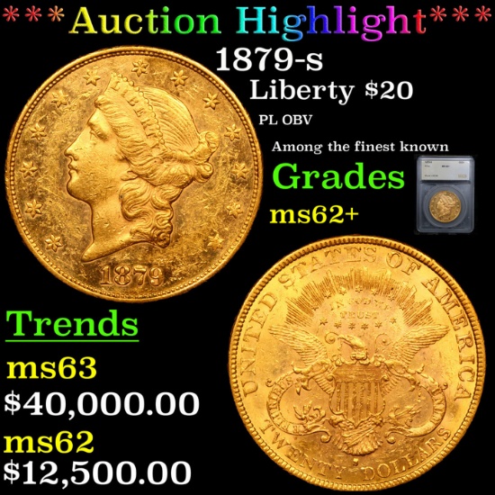 ***Auction Highlight***1879-s Gold Liberty Double Eagle $20 Graded ms62+ By SEGS