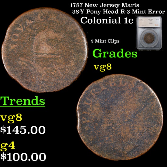 1787 New Jersey Colonial Cent Maris 38-Y 'Pony Head' R-3 Mint Error 1c Graded vg8 By SEGS