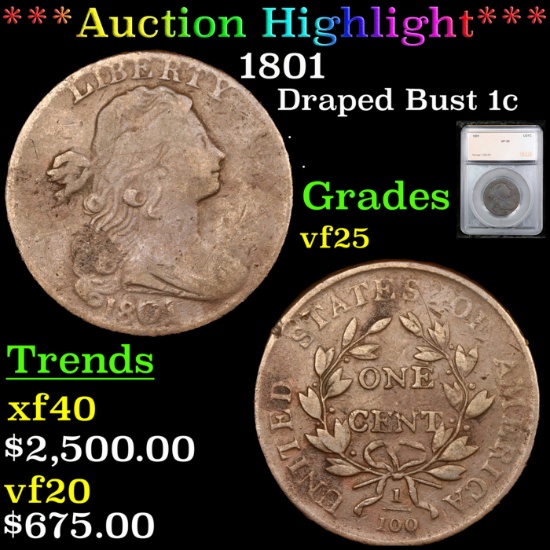 ***Auction Highlight*** 1801 Draped Bust Large Cent 1c Graded vf25 By SEGS (fc)