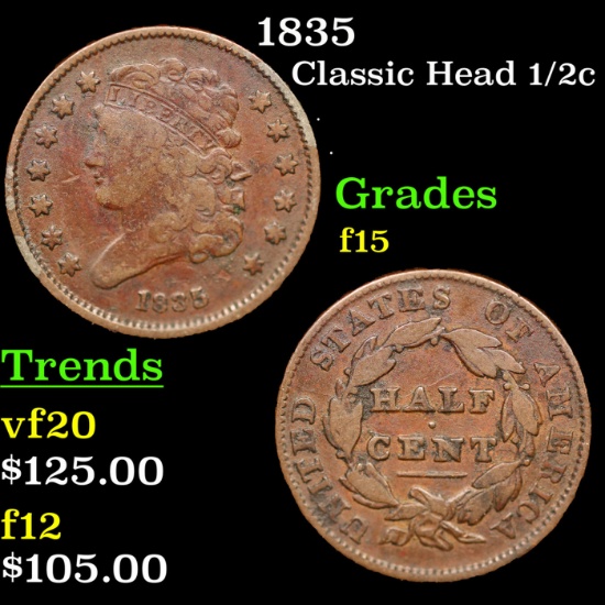 1835 Classic Head half cent 1/2c Grades f+
