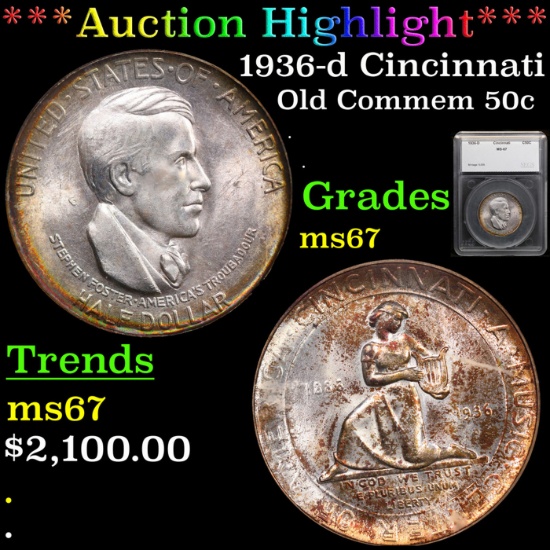 ***Auction Highlight*** 1936-d Cincinnati Old Commem Half Dollar 50c Graded ms67 By SEGS (fc)