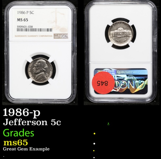 NGC 1986-p Jefferson Nickel 5c Graded ms65 By NGC