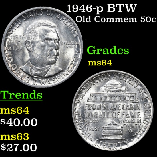 1946-p BTW Old Commem Half Dollar 50c Grades Choice Unc