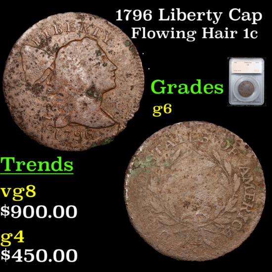 1796 Liberty Cap Flowing Hair large cent 1c Graded g6 By SEGS