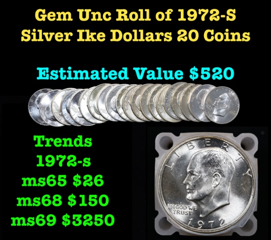 Full Roll Gem Unc 1972-s Silver Eisenhower 'Ike' Dollars. 20 Coins total.