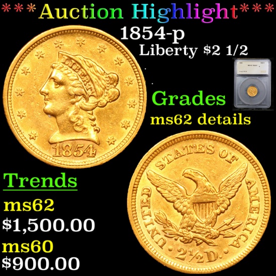 ***Auction Highlight*** 1854-p Gold Liberty Quarter Eagle $2 1/2 Graded ms62 details By SEGS (fc)