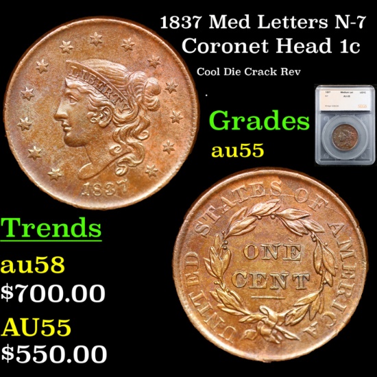 1837 Med Letters Coronet Head Large Cent N-7 1c Graded au55 By SEGS