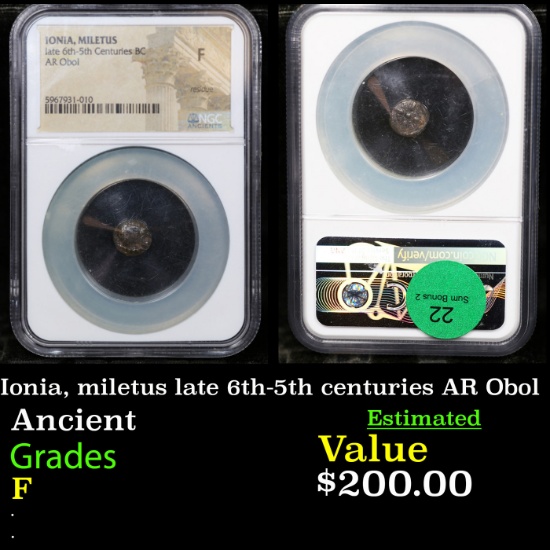 NGC ionia, miletus late 6th-5th centuries AR Obol Oversized NGC Holder Graded F By NGC