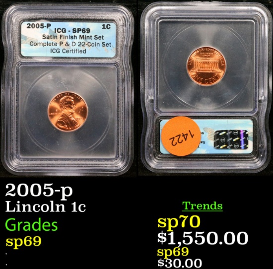 2005-p Lincoln Cent 1c Graded sp69 By ICG