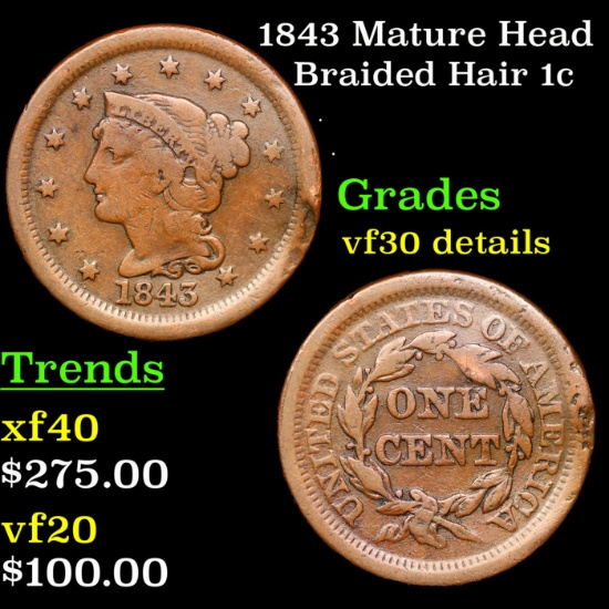 1843 Mature Head Braided Hair Large Cent 1c Grades VF Details