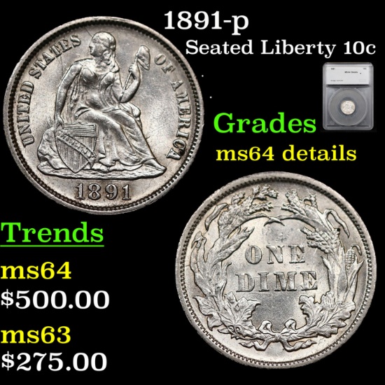 1891-p Seated Liberty Dime 10c Graded ms64 details By SEGS