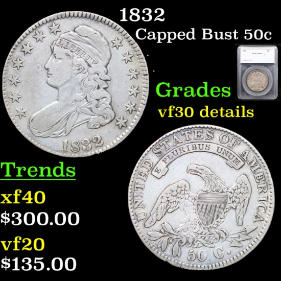 1832 Capped Bust Half Dollar 50c Graded vf30 details By SEGS