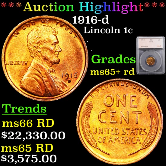 ***Auction Highlight*** 1916-d Lincoln Cent 1c Graded ms65+ rd By SEGS (fc)