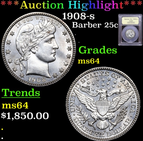 ***Auction Highlight*** 1908-s Barber Quarter 25c Graded Choice Unc By USCG (fc)