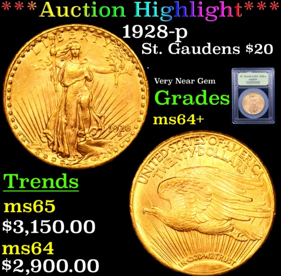 ***Auction Highlight*** 1928-p Gold St. Gaudens Double Eagle $20 Graded Choice+ Unc By USCG (fc)