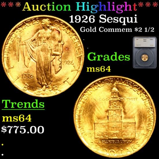 ***Auction Highlight*** 1926 Sesqui Gold Commem $2 1/2 Graded ms64 By SEGS (fc)