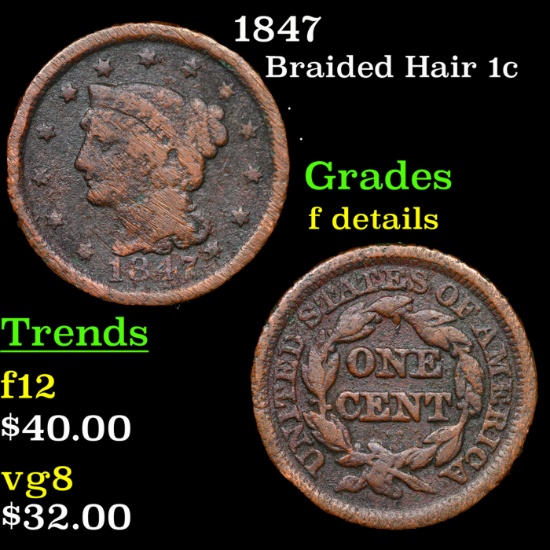 1847 Braided Hair Large Cent 1c Grades f details