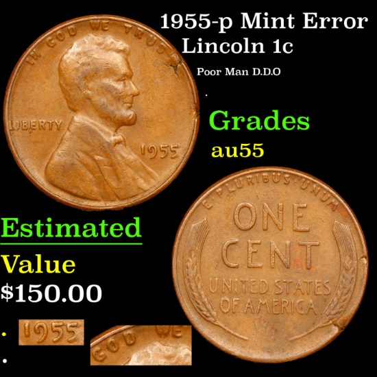 1955-p Lincoln Cent Mint Error 1c Grades Choice AU