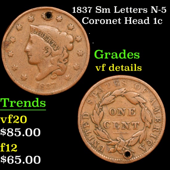 1837 Sm Letters Coronet Head Large Cent N-5 1c Grades vf details