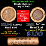 Mixed small cents 1c orig shotgun roll, 1919-d Wheat Cent, 1891 Indian Cent other end, brinks Wrappe