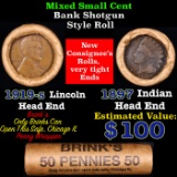 Mixed small cents 1c orig shotgun roll, 1919-s Wheat Cent, 1897 Indian Cent other end, brinks Wrappe