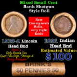 Mixed small cents 1c orig shotgun roll, 1918-d Wheat Cent, 1891 Indian Cent other end, brinks Wrappe