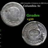 1880 Columbia 5 Centavos 5c KM-174.a1 Grades vg+
