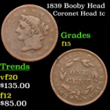 1839 Booby Head Coronet Head Large Cent 1c Grades f+