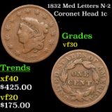 1832 Med Letters Coronet Head Large Cent N-2 1c Grades vf++