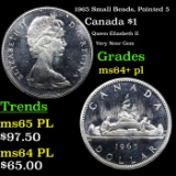 1965 Small Beads, Pointed 5 Canada Dollar $1 Grades Choice Unc+ PL