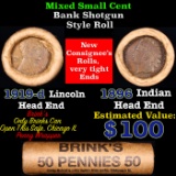 Mixed small cents 1c orig shotgun roll, 1919-d Wheat Cent, 1896 Indian Cent other end, brinks Wrappe
