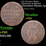 1717 German States 1 Pfenning 1p KM-116 Grades vf, very fine