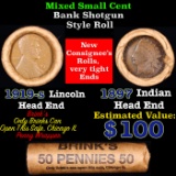 Mixed small cents 1c orig shotgun roll, 1919-s Wheat Cent, 1897 Indian Cent other end, brinks Wrappe