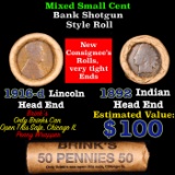 Mixed small cents 1c orig shotgun roll, 1916-d Wheat Cent, 1892 Indian Cent other end, brinks Wrappe