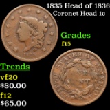 1835 Head of 1836 Coronet Head Large Cent 1c Grades f+