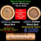 Mixed small cents 1c orig shotgun roll, 1918-d Wheat Cent, 1891 Indian Cent other end, brinks Wrappe