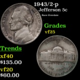 1943/2-p Jefferson Nickel 5c Grades vf+