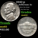 1942-p Jefferson Nickel 5c Grades Choice+ Unc