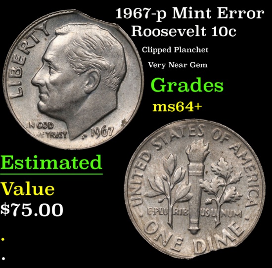 1967-p Roosevelt Dime Mint Error 10c Grades Choice+ Unc