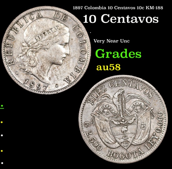 1897 Colombia 10 Centavos 10c KM-188 Grades Choice AU/BU Slider