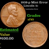1938-p Lincoln Cent Mint Error 1c Grades xf+