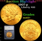 ***Auction Highlight*** 1907-p Gold Liberty Double Eagle $20 Graded ms63+ By SEGS (fc)