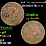 1844 Braided Hair Large Cent Counterstamped 1c Grades vg details