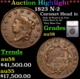 ***Auction Highlight*** 1823 Coronet Head Large Cent N-2 1c Graded au58 By SEGS (fc)