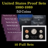 Group of 10 United States Mint Proof Sets 1980-1989 52 coins.