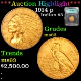 ***Auction Highlight*** 1914-p Gold Indian Half Eagle $5 Graded ms63 By ICG (fc)