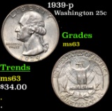 1939-p Washington Quarter 25c Grades Select Unc